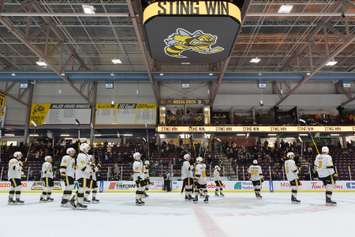 The Sarnia Sting celebrate a win against the London Knights.  16 November 2021.  (Metcalfe Photography)