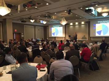 Professor Dr. Rajiv Varma speaks at Lambton College Energy Symposium - March 23/17 (BlackburnNews.com photo By Melanie Irwin)