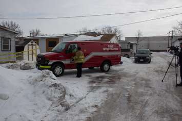 A fire at a mobile home on Marlin Crt. is under investigation.  February 17, 2015.  (Photo by Roy Kang)