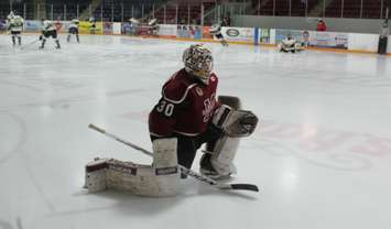 Chatham Maroons goaltender Brendan Johnston warms up ahead of a game against the St. Thomas Stars, March 3, 2017. (Photo by Matt Weverink)