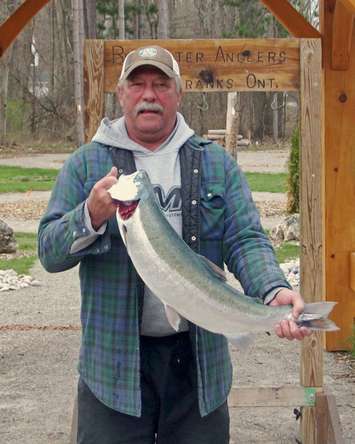 Brian Dubreuil of Sarnia in the Trout - Boat category with a 9.90 lb. Rainbow Trout. (Photo by Bluewater Anglers)