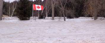 A Canadian flag still stands as River waters  take over residential properties. February 8, 2019. (Photo by Greg Higgins)