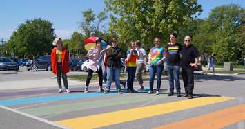 Northern High School's Gay Straight Alliance group stands on the school's rainbow walkway. June 6, 2019. (BlackburnNews photo by Colin Gowdy)
