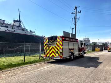 Fire crews respond to a blaze aboard a motor vessel docked in Sarnia, July 6, 2017. (Photo courtesy of Sarnia Fire and Rescue)