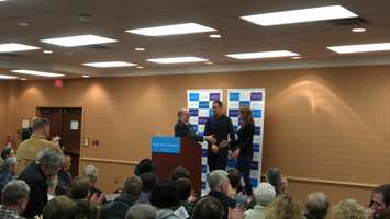 Caroline Mulroney, Sarnia-Lambton MPP Bob Bailey and Lambton-Kent-Middlesex MPP Monte McNaughton shake hands during Mulroney's campaign trail in the PC Party Leadership race. March 3, 2018. (Photo by Colin Gowdy) 