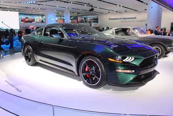 The 2019 Ford Mustang Bullitt concept car is displayed with its 1968 predecessor at the North American International Auto Show in Detroit, January 15, 2018. Photo by Mark Brown/Blackburn News.
