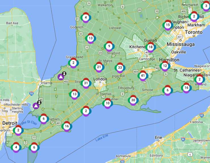 Hydro One power outages as of 1:30 p.m. Jan. 13, 2024 (Image captured from Hydro One Outage Map)