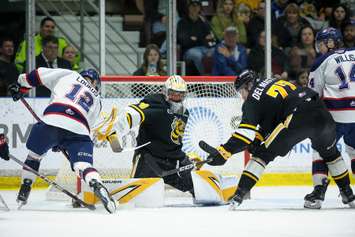 The Sarnia Sting hosting the Saginaw Spirit in Game 2 of the west semifinal. 16 April 2023. Metcalfe Photography. 