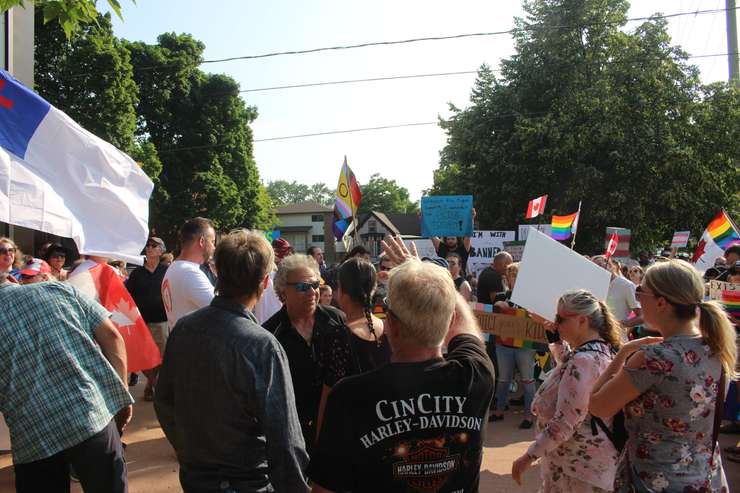 Protestors and counter-protestors outside the Greater Essex County District School Board, June 20, 2023. Photo by Mark Brown/WindsorNewsToday.ca.