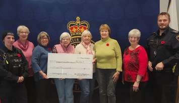 The St. John’s Anglican Church women’s group donates to the Saugeen Shores Police Service Benevolence Fund. Photo left to right: Cst Gordon, Sheree, Debbie, Shirley, Cass, Barb, Rose and Chief Zettel. Photo from Saugeen Shores Police
