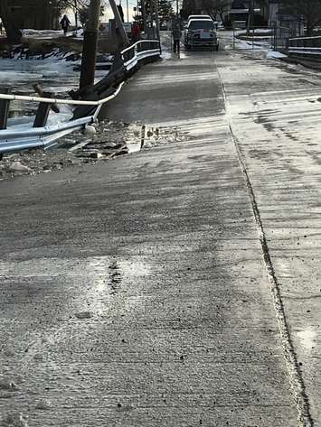 Ice damage to the Bluewater Ferry causeway. January 11, 2018 (Photo provided by Manager Morgan Dalgety)