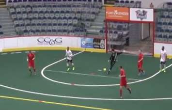 Anthony Santilli for Team Canada scores against Russia at the World Cup Arena Soccer Championships on March 25, 2015. (Still frame from video courtesy of Go Live Sports Cast)