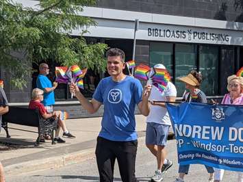 Windsor-Tecumseh MPP Andrew Dowie marches in the Windsor Essex PrideFest parade, August 7, 2022. Photo by Mark Brown/WindsorNewsToday.ca.