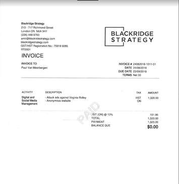 Blackridge Strategy invoice to Paul Van Meerbergen for attack ads. Document supplied by Susan Toth.