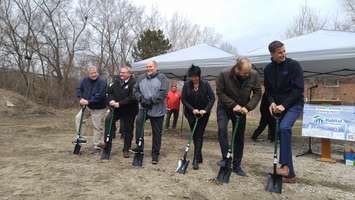 (Left to right) Pastor Eric Campbell, Warden Bill Weber, Dave Waters, Julie Jenkins, Nathan Colquhoun and Rob Vandenende at the site of the affordable seniors' housing project. April 11, 2018. (Photo by Colin Gowdy, Blackburn News)