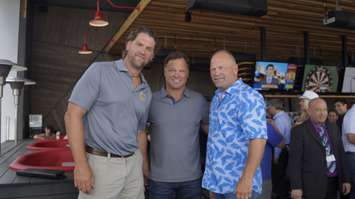 Derian Hatcher, Dino Ciccarelli and Wendel Clark at the grand opening of the new Gateway Casinos restaurant. July 5, 2018. (Photo by Colin Gowdy, BlackburnNews)