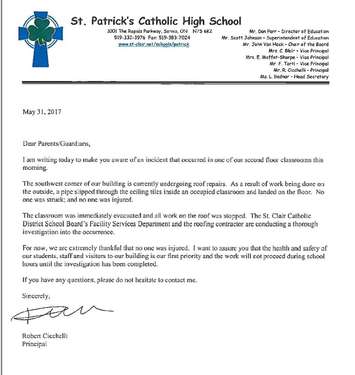Letter sent home to St. Patrick's High School Students May 31, 2017 