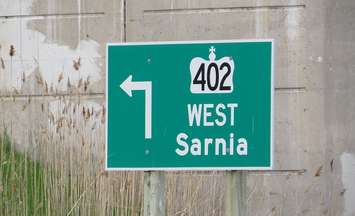 A sign for Hwy. 402 to Sarnia. (Photo by Miranda Chant, Blackburn News)