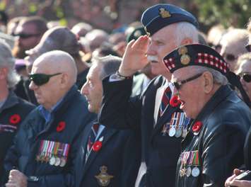 Veterans sing O Canada at Windsor's Remembrance Day ceremony, November 11, 2015. (Photo by Mike Vlasveld)