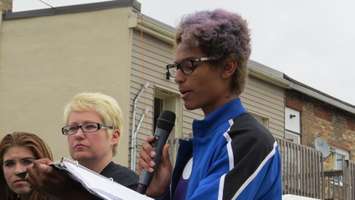 Grade 11 WCI student, Tai Hope, speaking to crowd at the  
student mental health rally at Woodstock Museum Square, June 7, 2016. (Photo by Miranda Chant, Blackburn, News)