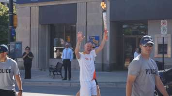 Wes Harding kicks off the torch run at Sarnia Pan Am Games celebration outside City Hall June 16, 2015 (BlackburnNews.com Photo by Briana Carnegie)