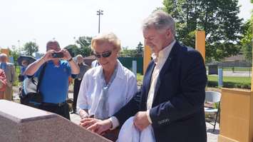 Norma Cox and Mayor Mike Bradley unveil the memorial for the late Mary-Ann Clark June 24, 2015 (BlackburnNews.com Photo by Briana Carnegie)