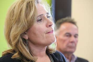 Outgoing WindsorEssex Economic Development Corporation CEO Sandra Pupatello speaks at a news conference alongside board chairperson Martin Komsa, July 6, 2015. (Photo by Jason Viau)