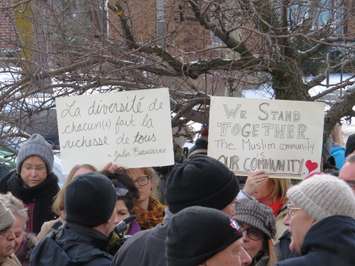 Londoners hold up signs of hope at solidarity rally at the London Muslim Mosque, January 30, 2017. (Photo by Miranda Chant, Blackburn News.)