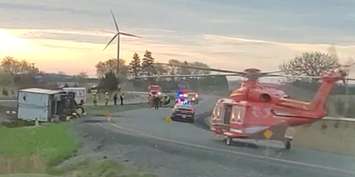 The scene after a rollover crash at the Hwy. 401 Kent Bridge Road exit (interchange 101) in Chatham-Kent. April 29, 2019. (Photo courtesy of Jake Friesen)