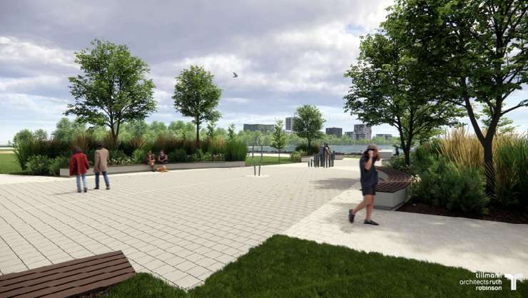 Seating around the missing worker memorial at Sarnia's Centennial Park. Architects Tillman Ruth Robinson design. Image courtesy of the City of Sarnia.