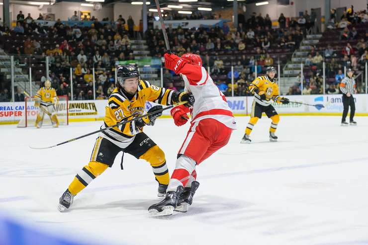 Soo Greyhounds at Sarnia Sting, February 19, 2024. Photo by Metcalfe Photography. 