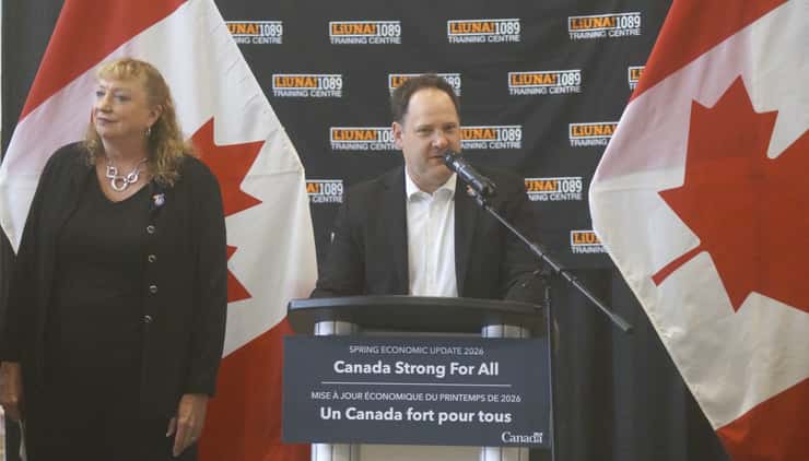 Secretary of State for Labour MP John Zerucelli speaking at LiUNA Local 1089. May 1, 2026. (Photo by Natalia Vega) 