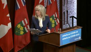 Ontario's minister of long-term care, Merrilee Fullerton, walks out of a news conference on the Long-Term Care COVID-19 Commission's report. Blackburn News Photo.
