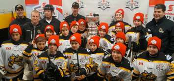 Major Atom Lambton Sting AAA surprised with the Stanley Cup before practice. Dec.16, 2015. Photo by Jake Jeffrey (blackburnnews.com)
