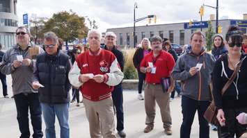 Liberal candidate Dave McPhail and NDP Jason McMichael show their support at the anti-poverty rally on Sarnia City Hall steps, October 16, 2015 (BlackburnNews.com Photo by Briana Carnegie)