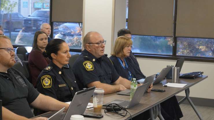 Sarnia Police Chief Derek Davis and Deputy Police Chief Julie Craddock during a Police Services Board Meeting. 12 October 2023. (Photo by SarniaNewsToday.ca)
