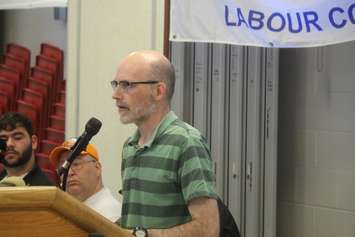Derek Coronado of the Citizens Environmental Alliance speaks at the Unifor Local 444/200 Hall on June 7, 2019. Photo by Mark Brown/Blackburn News.
