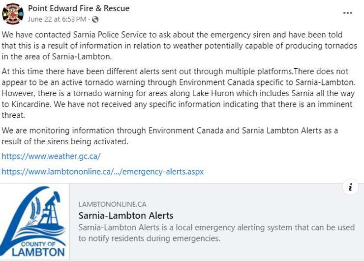 Point Edward Fire and Rescue Facebook Page screenshot. 