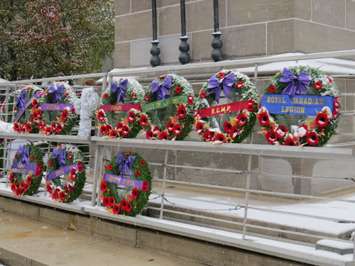Wreaths laid at the Cenotaph in Victoria Park, November 11, 2019. (Photo by Miranda Chant, Blackburn News)