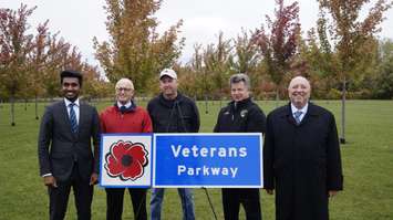 (From left to right) MPP Vijay Thanigasalam, Tom St. Amand, Chuck Toth, Tom Slater, and MPP Bob Bailey in Heritage Park for the Veterans Parkway sign unveiling ceremony. October 16, 2019. (BlackburnNews.com photo by Colin Gowdy)