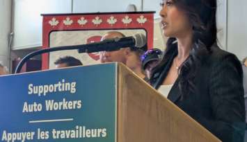 Rechie Valdez, Federal Minister of Women and Gender Equality and Secretary of State of Small Business and Tourism, speaks at the Unifor Local 444/200 Hall in Windsor, September 26, 2025. Photo by Mark Brown/WindsorNewsToday.ca