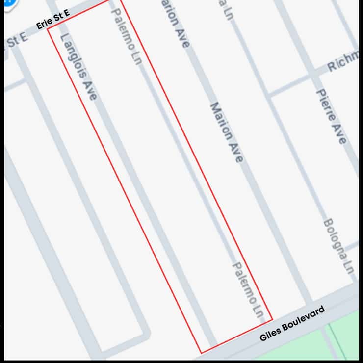 This map shows the area that Windsor police are gathering information from for a homicide on 11/12/25. Map provided by Windsor police.