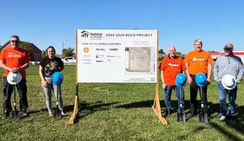 (Left to Right) Habitat for Humanity Sarnia-Lambton Director of Build Services Darryl Blum, Trena (one of the future home owners), Lambton Shores Mayor Doug Cook, Lambton Shores Chief Administrative Officer Stephen McAuley and Habitat for Humanity Sarnia-Lambton Chief Executive Officer David Waters. Photo courtesy of the Municipality of Lambton Shores
