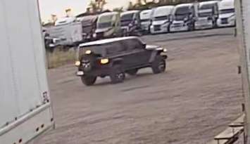 (Photo of a Jeep Rubicon believed to be involved the theft of two transport trucks courtesy of the Ontario Provincial Police)