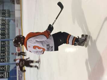A Drayton defencemen looks on as his team breaks out of the zone. (Photo by Marty Thompson)