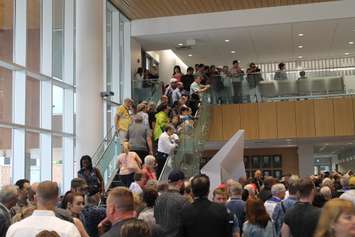 A crowd gathers in the main lobby of the new Windsor City Hall on May 26, 2018. Photo by Mark Brown/Blackburn News.