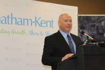 Gateway Casinos CEO Tony Santo speaking at the John D. Bradley Convention Centre. March 28, 2018. (Photo by Sarah Cowan Blackburn News Chatham-Kent). 