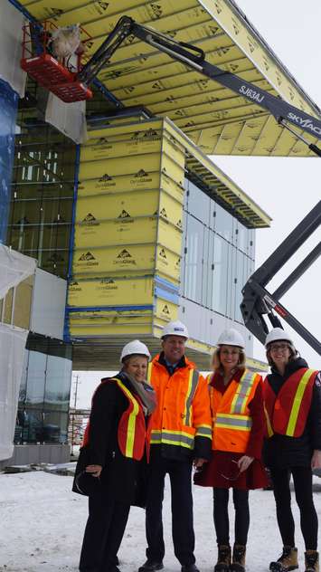 (From L to R) VP of Finance and Administration Margaret Dragan, Director of Facilities Management Brent Thomas, President Judith Morris and Director of Marketing and Communications Cindy Buchanan show off the construction of new buildings at Lambton College. December 15, 2017 (Photo by Melanie Irwin)