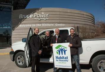 (left to right) Ian Kennedy, Bruce Power’s Vice President, Site Services; Greg Fryer, Executive Director, Habitat for Humanity Grey Bruce; Mike Rencheck, Bruce Power’s President and CEO; and Jason Bloemberg, Section Manager, Site Services. (Submitted photo)