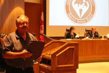 Residents from the Harrow and Amherstburg areas press public school board trustees to keep their schools open at the GECDSB regular meeting on September 15, 2015. (Photo by Ricardo Veneza)